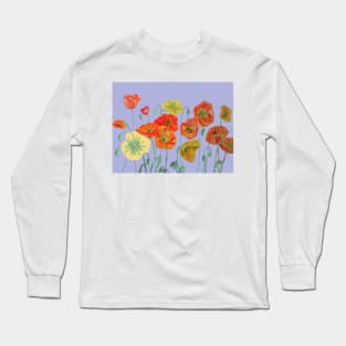 Red Orange Yellow Poppies on Lavender Long Sleeve T-Shirt